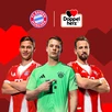 Tiga pemain FC Bayern München berdiri di depan latar belakang merah dengan bentuk hati geometris. Dari kiri ke kanan: Harry Kane, Jamal Musiala, dan Manuel Neuer. Di atas mereka terdapat logo FC Bayern München dan logo Doppelherz, yang menunjukkan kemitraan merek.